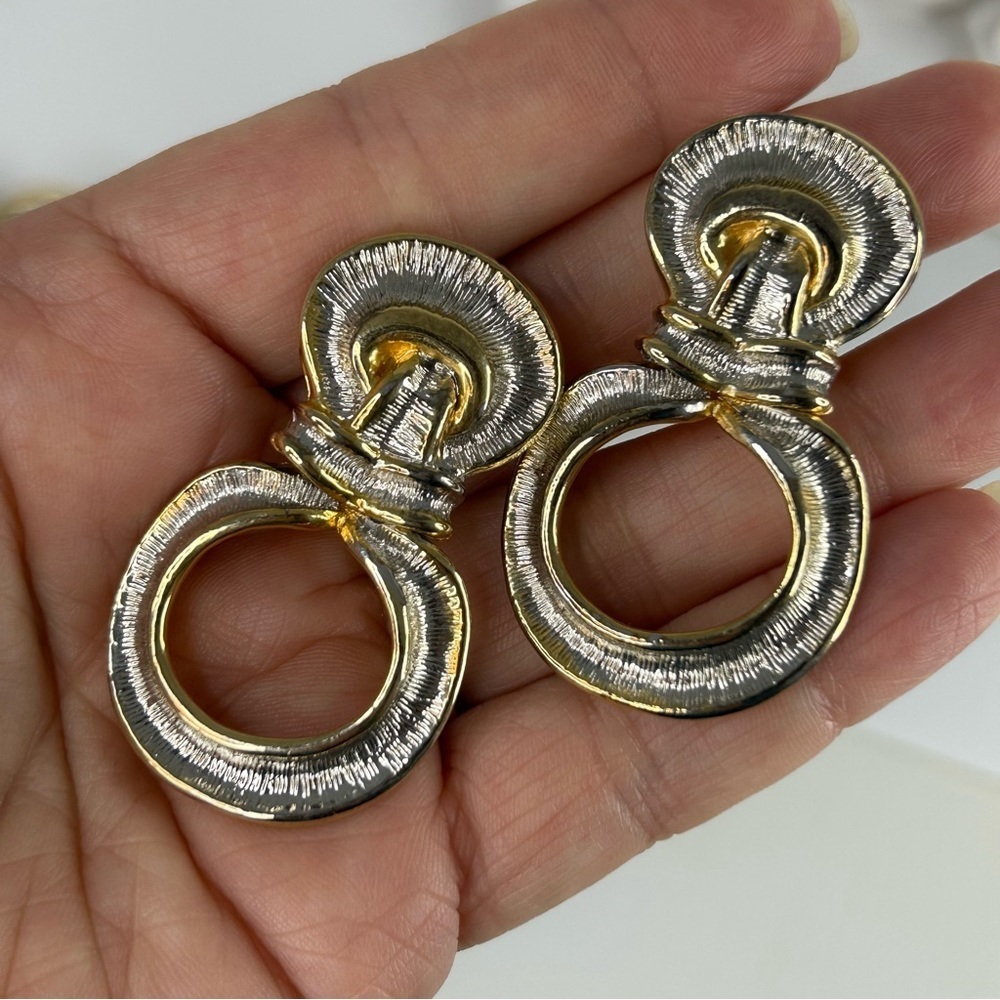 Vintage Two Tone Gold & Silver Door Knocker Clips On Earrings